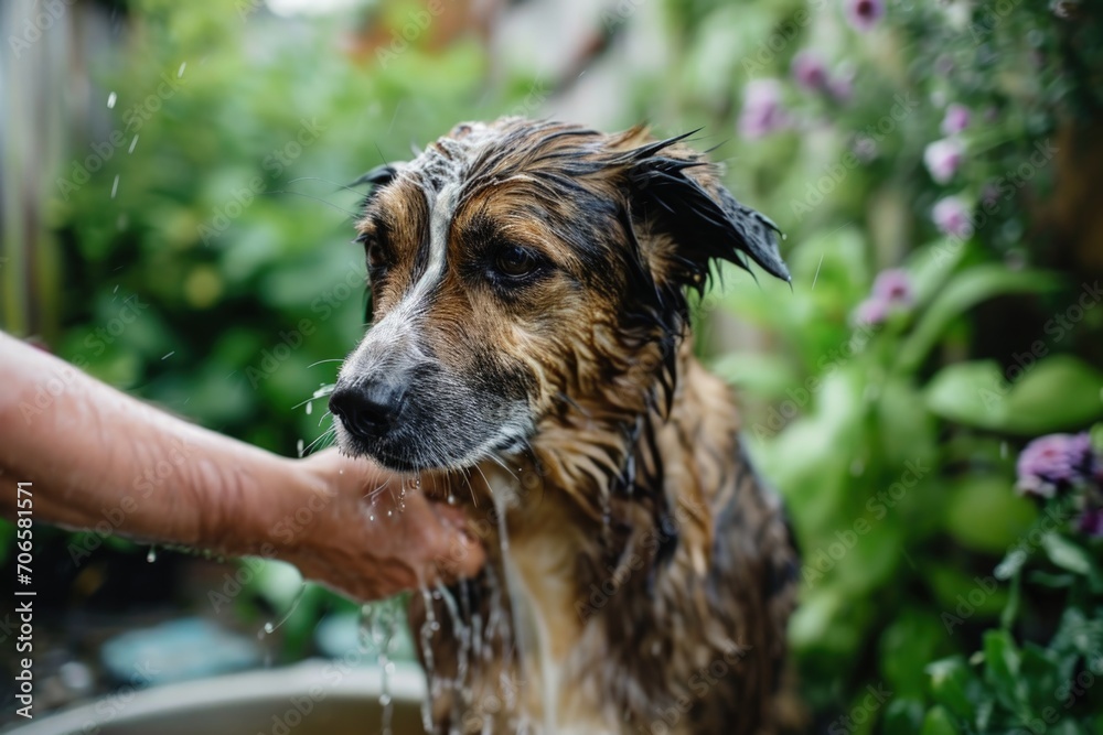 Hand of a person bathing a dog, garden in the background