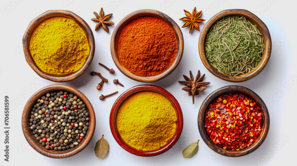 Colorful spices in bowls: curry, paprika, herbs. Ideal for culinary backgrounds and recipes.