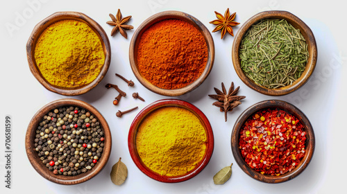 Colorful spices in bowls: curry, paprika, herbs. Ideal for culinary backgrounds and recipes.