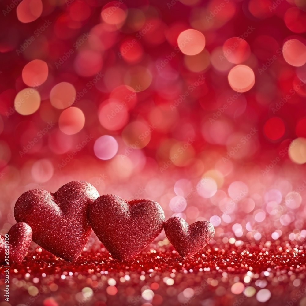 Red hearts and glitter on red bokeh background, Valentine's Day concept, 14th February. Red hearts and glitter on red bokeh background, Valentine's Day concept, 14th February.