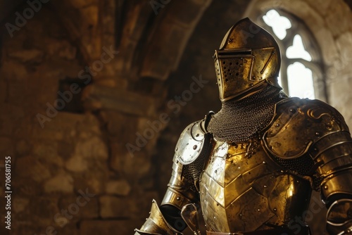 Medieval knight armor inside the castle, fantasy concept.