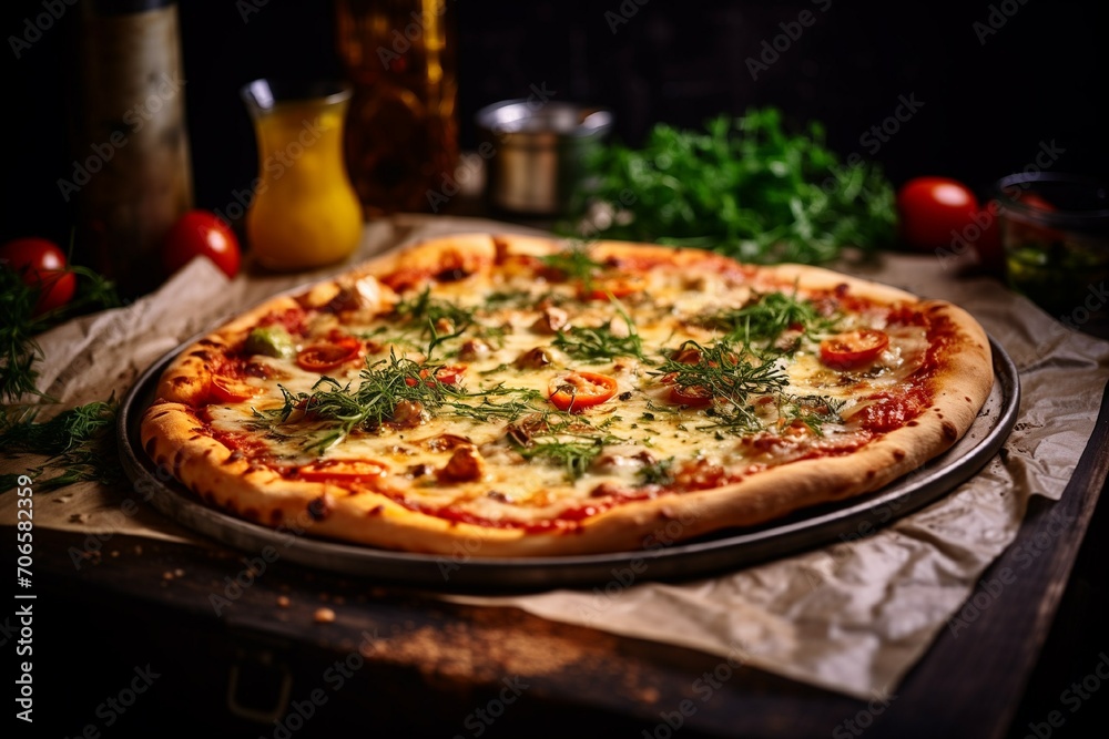 Appetizing Italian pizza with fresh Provan herbs in a box, fresh herbs and tomatoes, sauce. Soft light in the bright interior of the cafe. Close-up