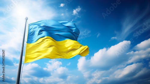 national Ukrainian blue and yellow flag on blue sky background photo