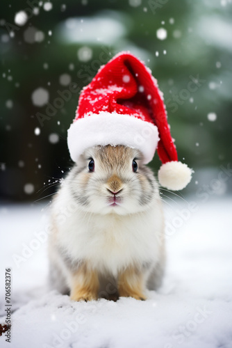 New Year's cute rabbit in Santa's hat. © Артур Комис