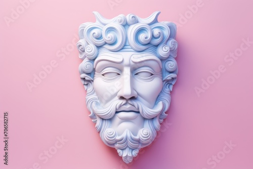 White marble sculpture of a man's face on a pink background.