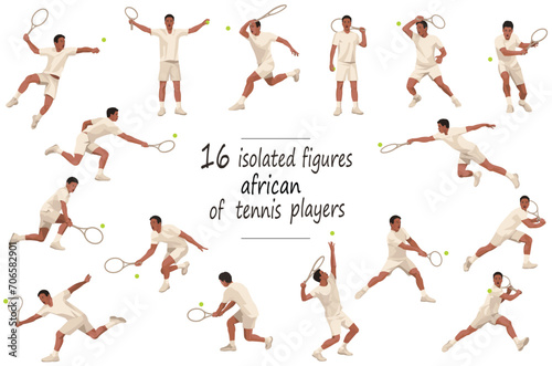 16 figures of black tennis players in classic white equipment in various stances and grips standing, running, rushing, jumping, hitting, serving, receiving the ball