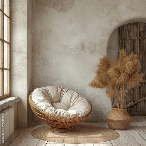 Cozy corner alert! Rattan papasan chair adds rustic charm against a beige stucco wall. Elevate your modern living room with farmhouse warmth and country comfort. photo