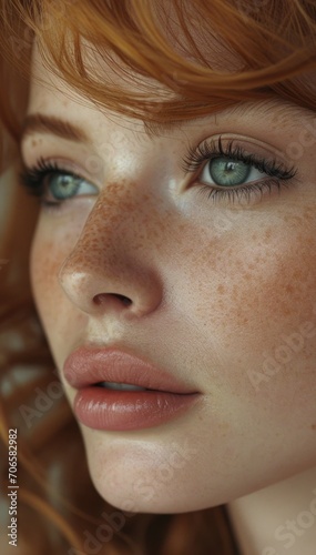 Woman with red hair, beautiful face, healthy facial skin and freckles