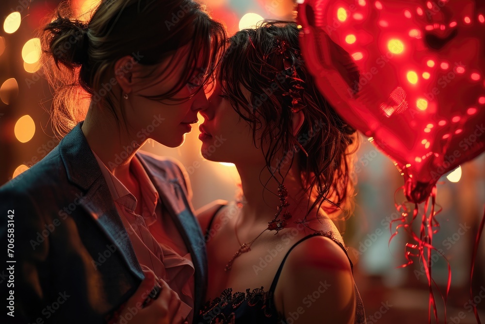 romantic moment between lesbian couple with shiny red heart shaped balloon. Romantic atmosphere, love and Valentine's Day