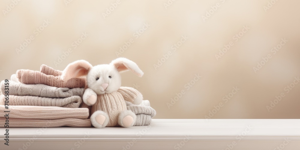 Pile of baby jersey sweaters and textile in beige pastel colors and cute bunny toy - obrazy, fototapety, plakaty 