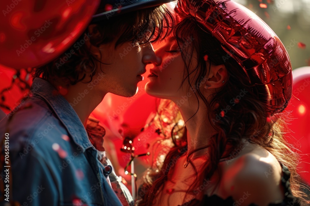 Fototapeta premium romantic moment between a couple with a shiny red heart shaped balloon. The man is wearing a suit and the woman is wearing a black dress. Romantic atmosphere, love and Valentine's Day