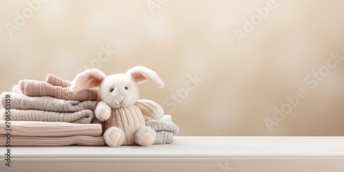 Pile of baby jersey sweaters and textile in beige pastel colors and cute bunny toy photo
