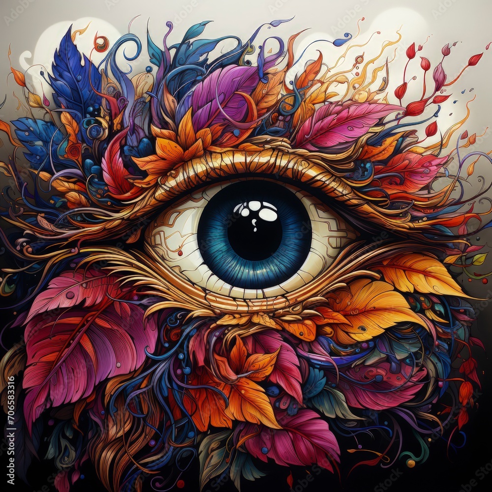 Visionary Essence: Photorealistic Human Eye with Dynamic Feather and Floral Explosion, Symbolizing Creativity and Imagination Art - AI Generated