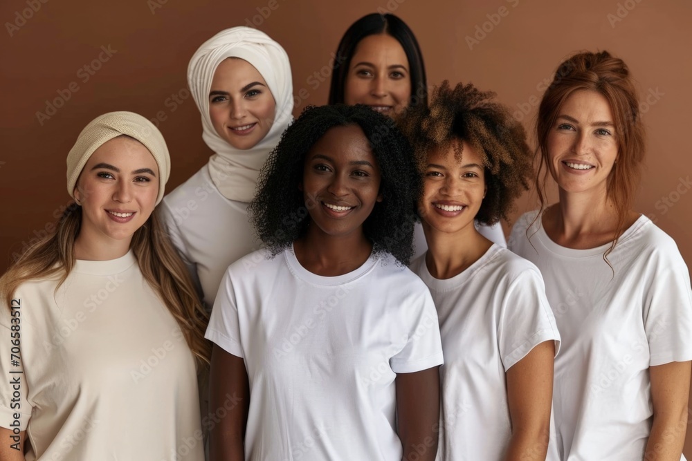 Women of various ethnicities dressed in white t-shirts, cultural diversity concept, brown background Women of various ethnicities dressed in white t-shirts, cultural diversity concept, brown background
