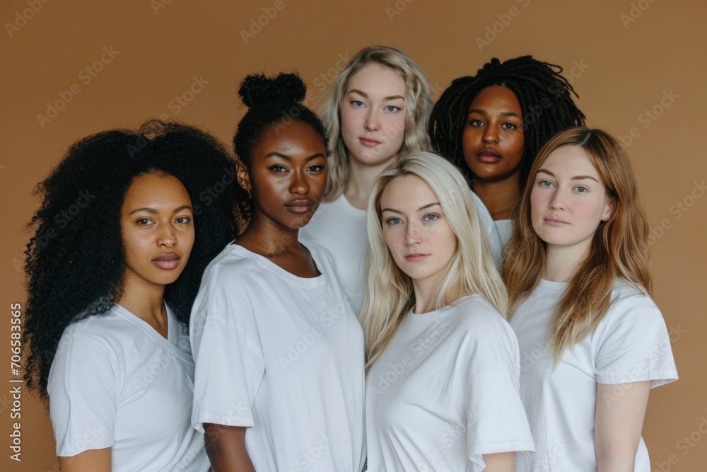 Women of various ethnicities dressed in white t-shirts, cultural diversity concept, brown background