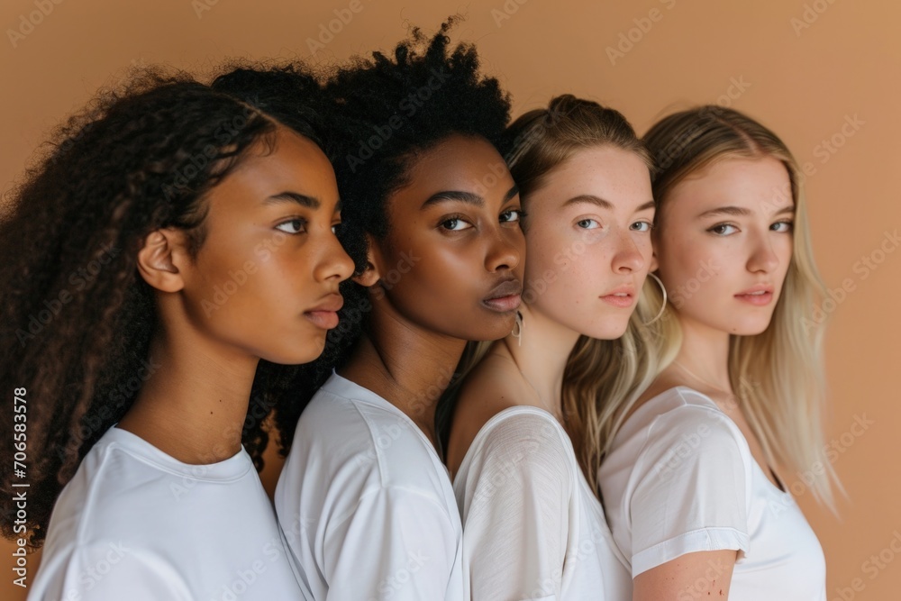 Women of various ethnicities dressed in white t-shirts, cultural diversity concept, brown background Women of various ethnicities dressed in white t-shirts, cultural diversity concept, brown background