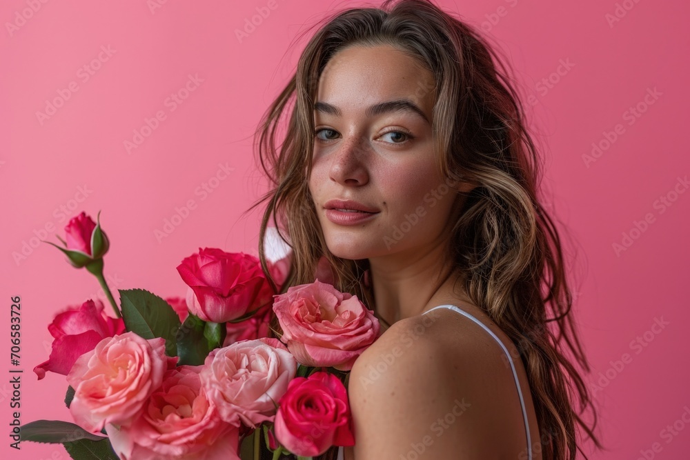Beautiful young woman holding a bouquet of roses, pink background, women's day concept. Generative AI Beautiful young woman holding a bouquet of roses, pink background, women's day concept. Generative AI