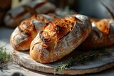 Freshly baked artisan sourdough bread loaves with golden crust on a rustic wooden board, adorned with rosemary..