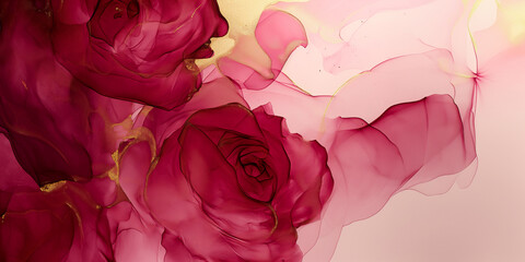 a wallpaper botanical flowers with one big red rose for whole artwork flowing alcohol ink style bioluminescence pink background, Valentine's day.