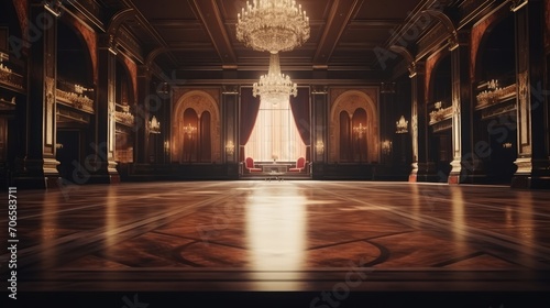 Grand hall with chandeliers  ornate columns  crystal chandelier  large windows  and shiny wooden flooring.