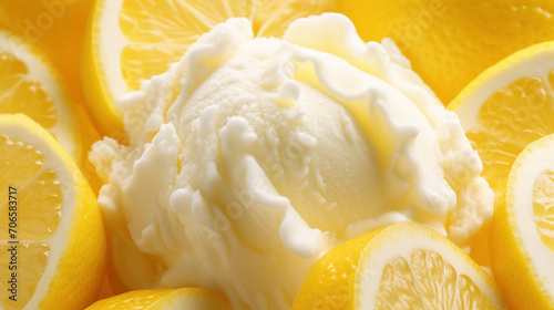 Lemon ice cream. Homemade citrus lemon ice cream with mint close-up photo