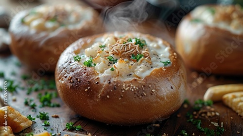 Food photography, clam chowder in a sourdough bread bowl served on an elegant, dark wooden table photo