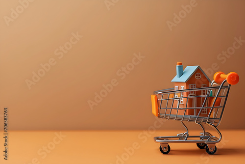House in shopping cart on orange background. Real estate purchase concept.