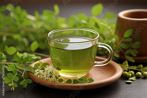 Cup of green tea with blooming flowers on wooden background
