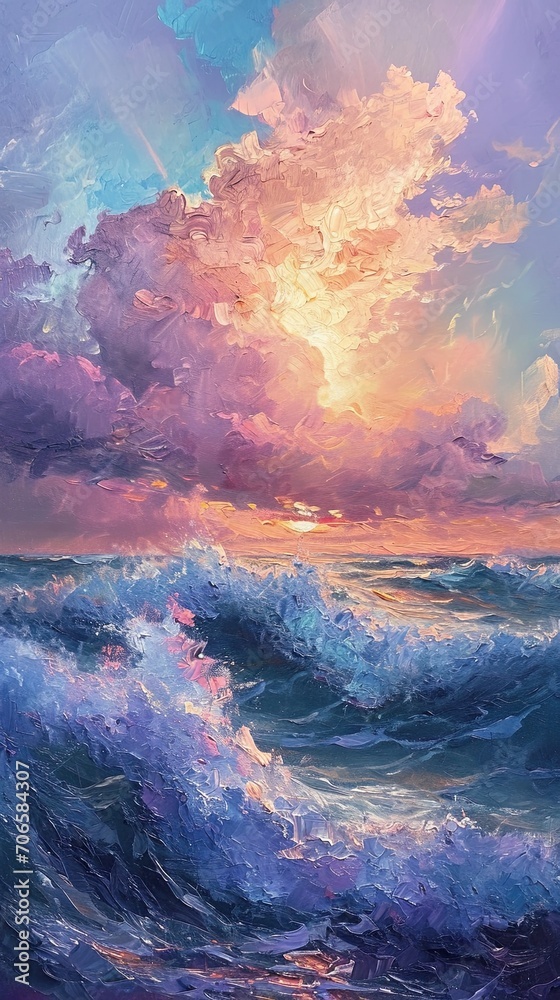 An oil painting depicting a stormy sea at sunset, with dramatic waves and clouds in shades of pink, purple and gold. Vertically oriented. 