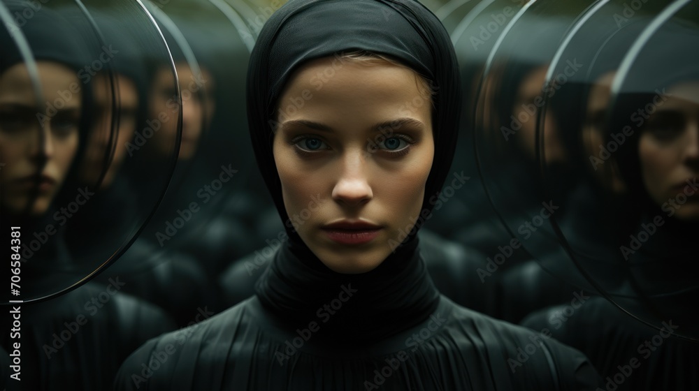 Repeating effect of a photo of a girl with a sad expression wearing a black scarf and clothes, shot with a prism. Repeating effect of a photo of a girl with a sad expression wearing a black scarf and clothes, shot with a prism.