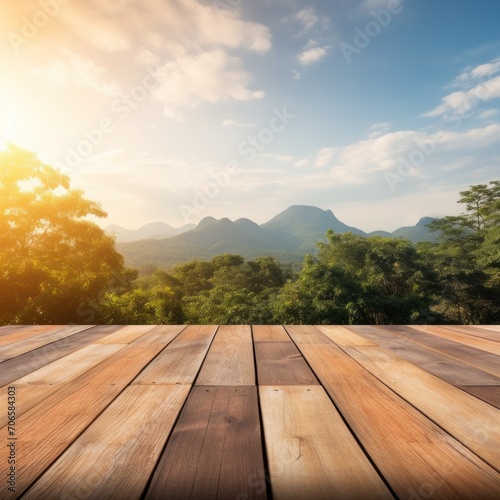 Wooden table top mountain mockup background product display