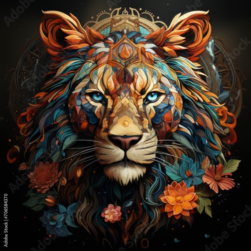 Vibrant Majesty: Artistic Lion Illustration with Colorful, Stylized Mane and Mesmerizing Eyes - Surreal Wildlife Art - AI Generated