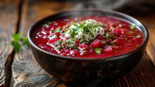 Food photography, classic borscht, vibrant beetroot red, steam rising, served in an elegant black ceramic bowl on a rustic wooden table photo