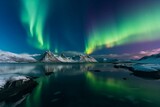 Colorful aurora illuminating icy arctic scenery with distant mountains. Panoramic view. Generative AI