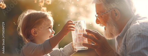 The child and the grandmother drink and give water in a glass. Selective focus. © Артур Комис