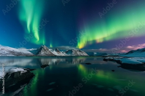 Colorful aurora illuminating icy arctic scenery with distant mountains. Panoramic view. Generative AI