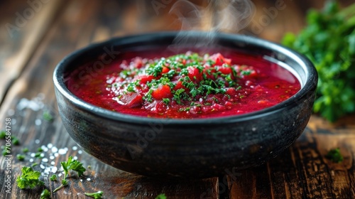 Food photography, classic borscht, vibrant beetroot red, steam rising, served in an elegant black ceramic bowl on a rustic wooden table