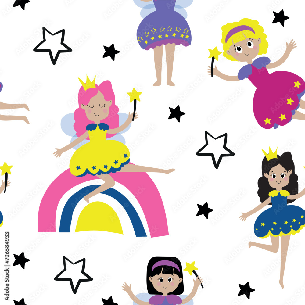 Naklejka premium Pattern Cute cartoon hand drawn fairy. Magical kingdom. Little princes