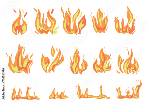 Set of fire flame vector icons. Fire silhouette illustration. 
