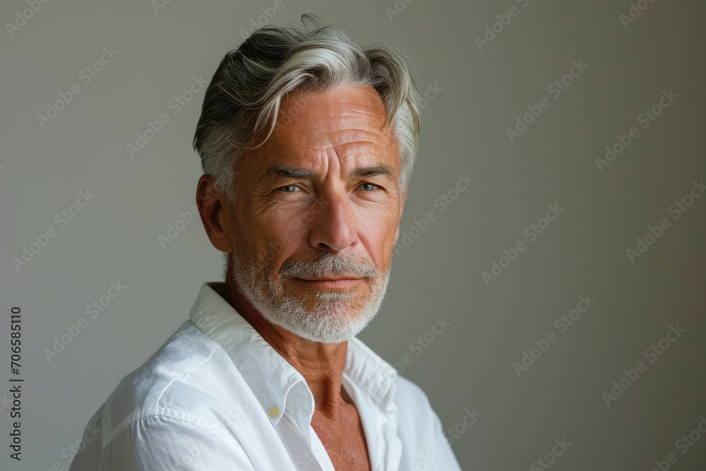 A contemplative mature man with distinguished silver hair and a white shirt poses for a portrait with a neutral background.. A contemplative mature man with distinguished silver hair and a white shirt poses for a portrait with a neutral background..
