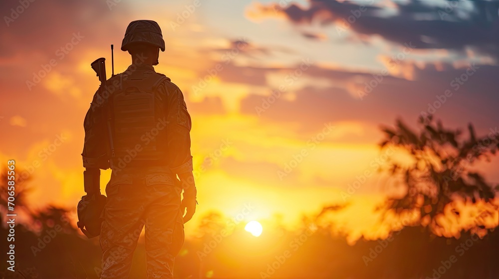 Silhouette of a Soldier at Sunset