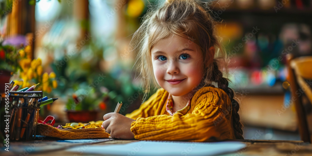 Glückliches kleines Mädchen, das an einem Tisch sitzt und zeichnet