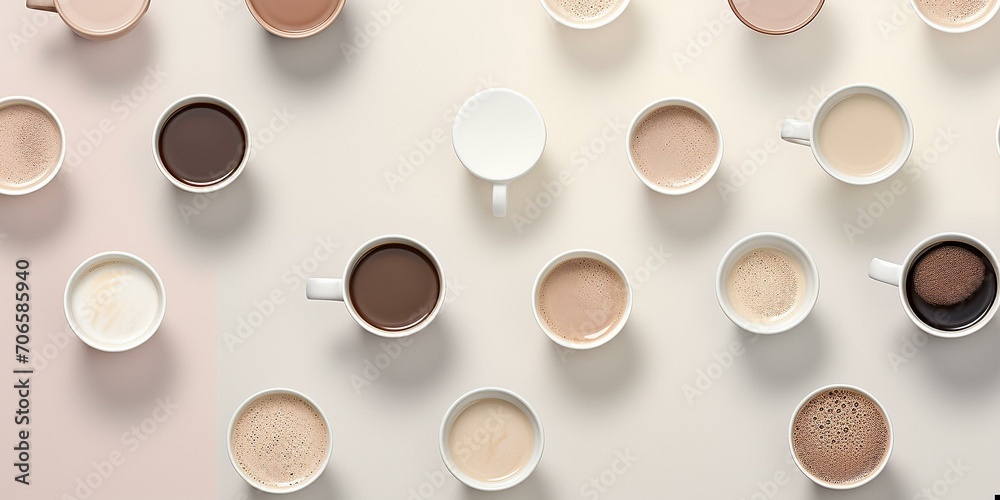 Array of Coffee Cups Showcasing Different Shades and Textures of Coffee