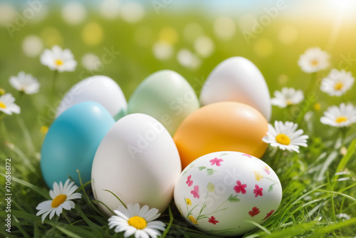 Close-up shot of colorful and white Easter eggs over spring meadow background