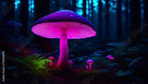 Mysterious neon mushrooms beautifully glowing in a dark forest. Bioluminescent pink mushrooms glow - Enchanted beauty of nature.