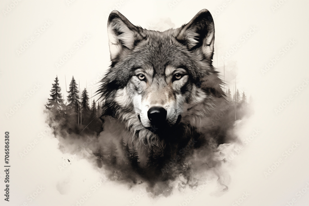 Fototapeta premium Nature Fusion Wolf and Forest