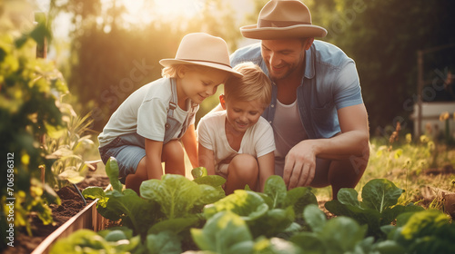 Cute little boy and his handsome father are gardening together in the garden. photo