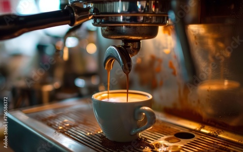 Espresso dripping into a red cup from a machine. Coffee beans all around there.