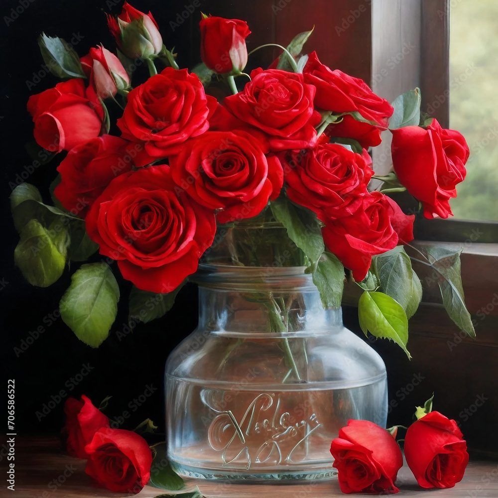 A bouquet of vibrant red roses, delicately arranged in a rustic mason jar, brought to life in a hyperrealistic oil painting Ai generated A bouquet of vibrant red roses, delicately arranged in a rustic mason jar, brought to life in a hyperrealistic oil painting Ai generated