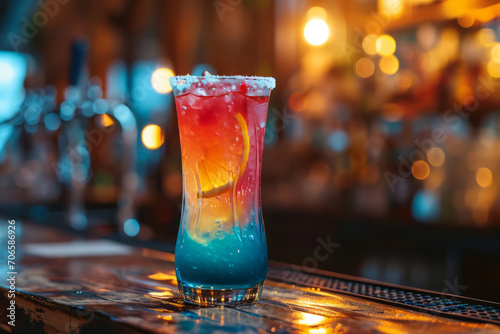 A colourful cocktail on a bar.